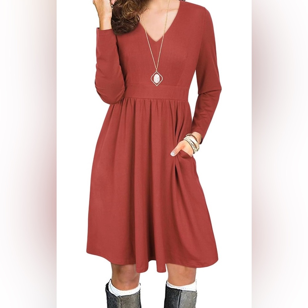 Women's Fall Casual Long Sleeve Dresses V Neck Swing Midi Dress with Pockets